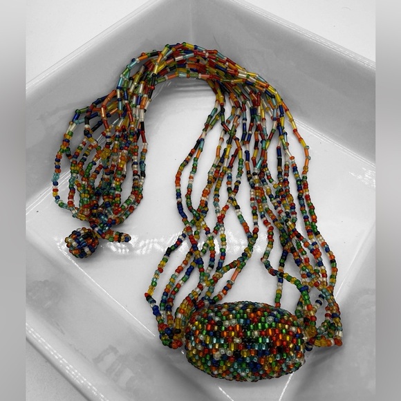 Vintage Jewelry - Vintage Colorful Multicolor Beaded Necklace 7 Strand w/Large Beaded Pendant